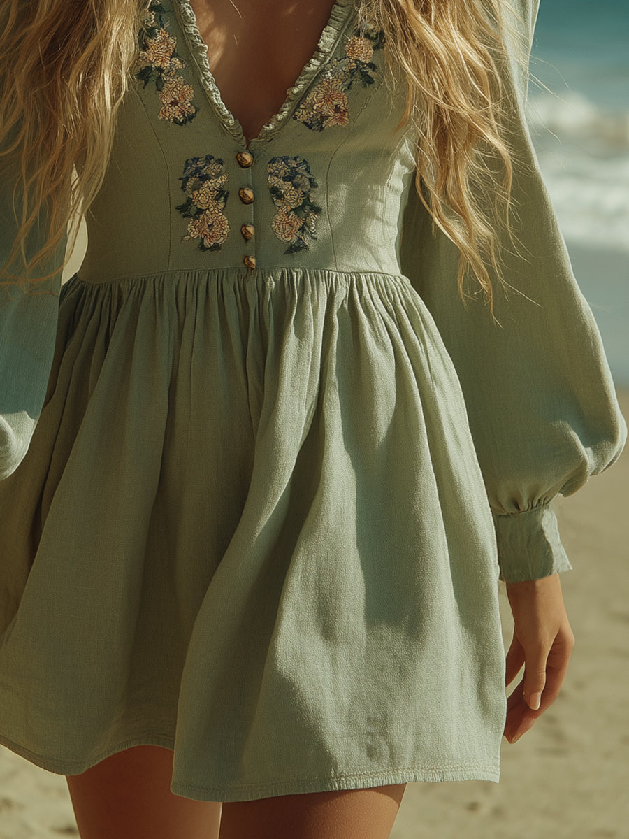Fresh And Pastoral Style Bean Green Embroidered Cotton And Linen V-neck Mini Dress