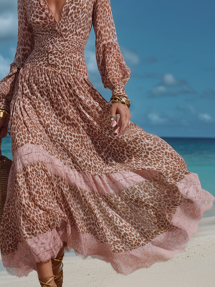Vacation-chic V-neck Pink And Brown Leopard Print Chiffon Patchwork Lace Maxi Dress
