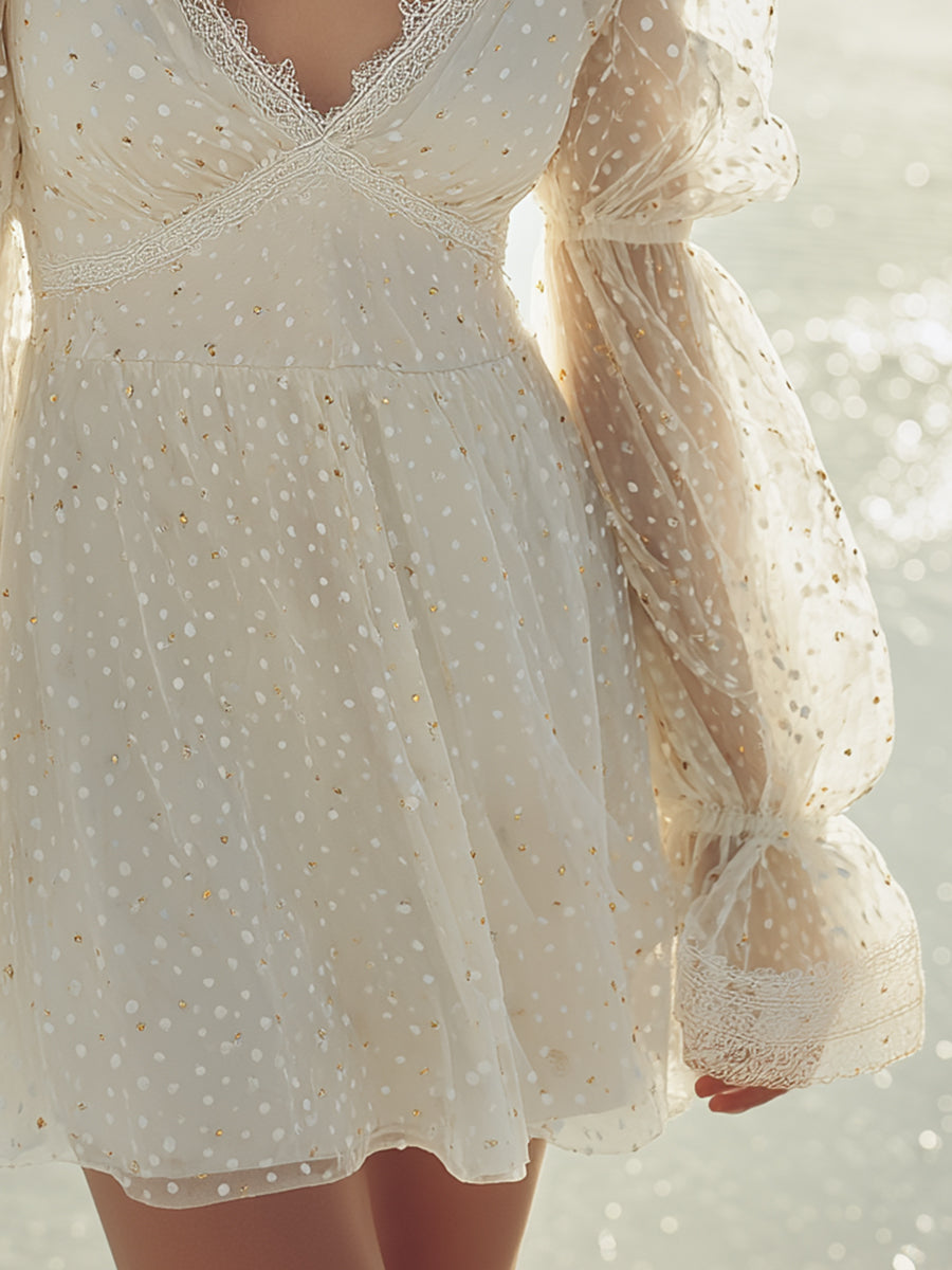 French-style Off-white Polka Dot Chiffon V-neck Puff Sleeve Lace Mini Dress