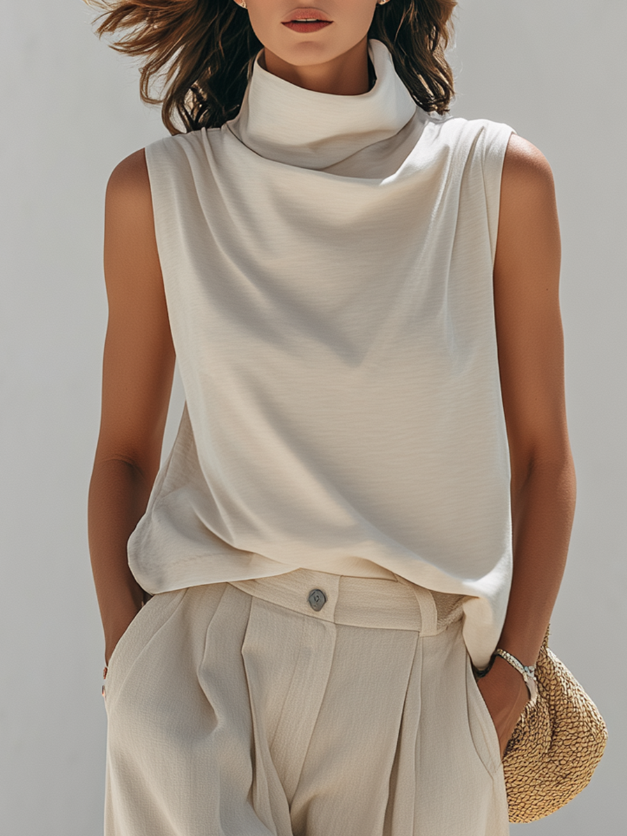 Resort-style Off-white Sleeveless Turtleneck Top And Wide-leg Pants Set