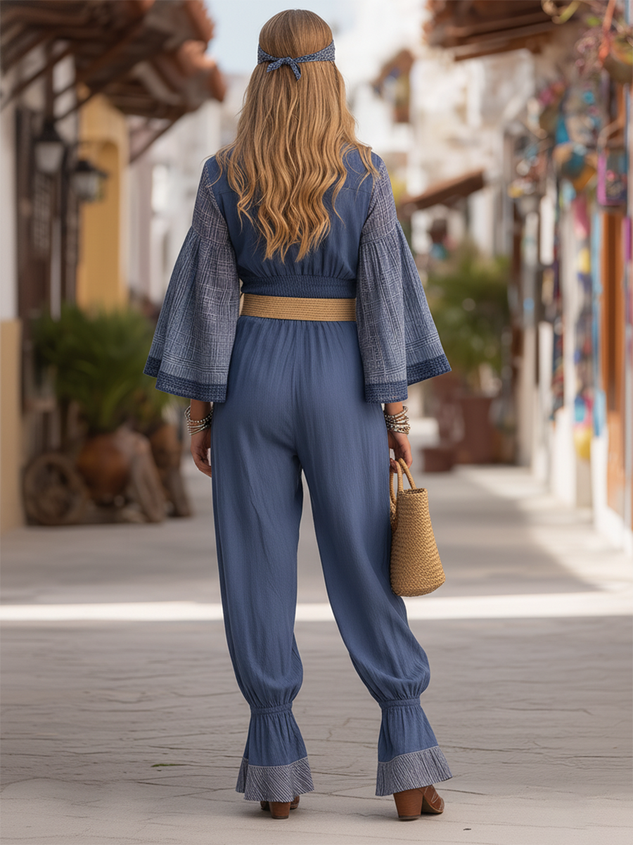 Retro Bohemian Ruffled Neckline Plaid Print Bell Sleeves Tie-Cuff Tencel Jumpsuit