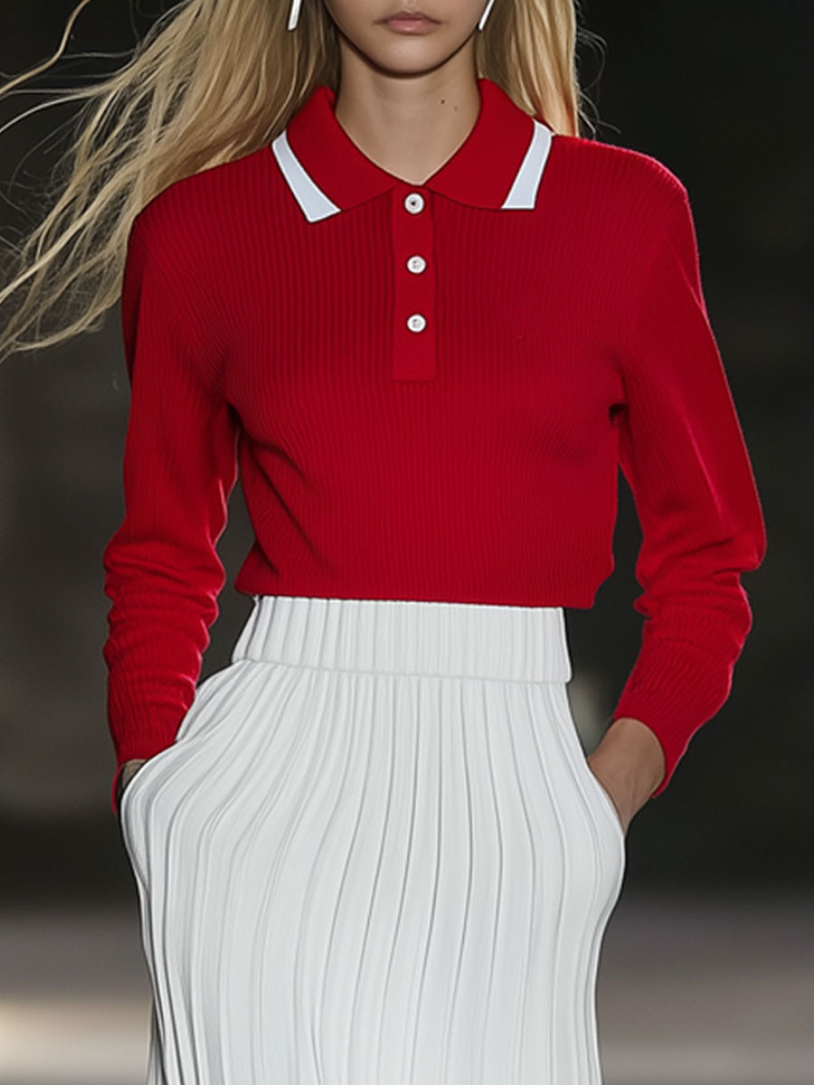 Fashion Sports Knitted Red Polo Shirt And White Pleated Skirt Set