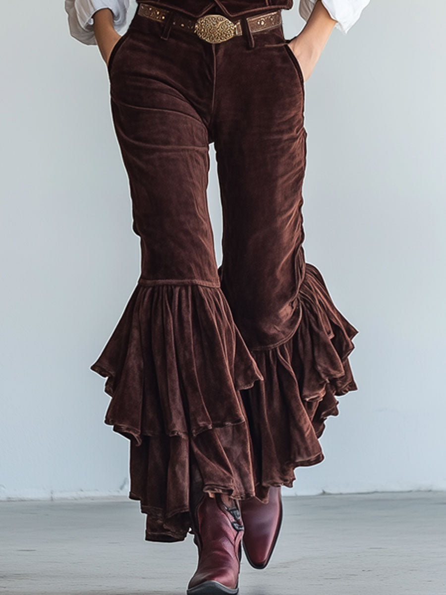 Vintage Chocolate Velvet Vest Lace-Up Ruffle Pants Set