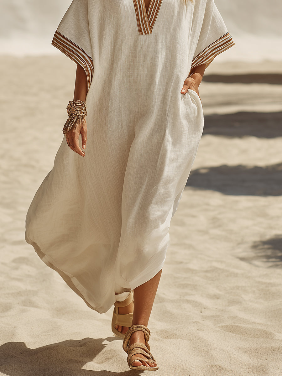 Bohemian Striped White Cotton-linen Midi Dress