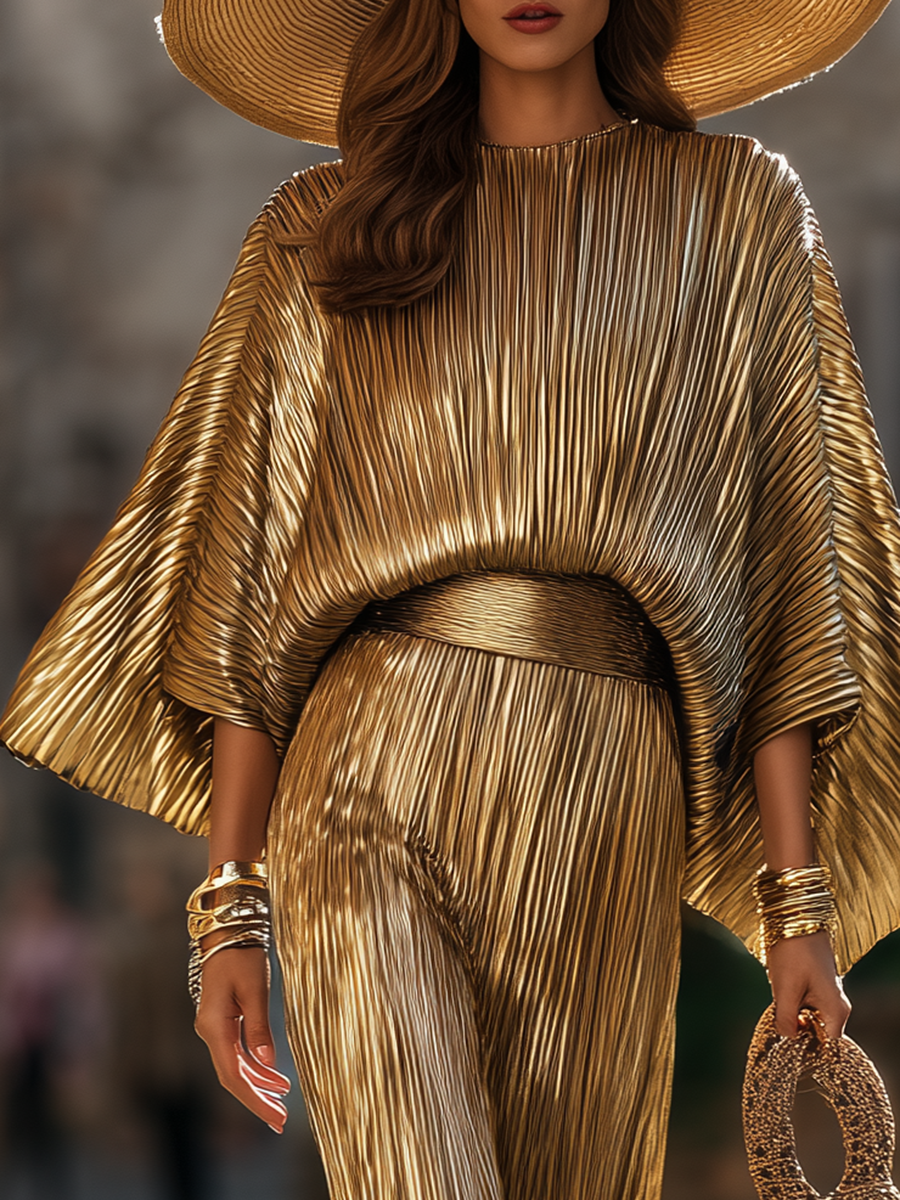 Stylish And Sophisticated Gold Pleated Top And Wide-leg Pants Set