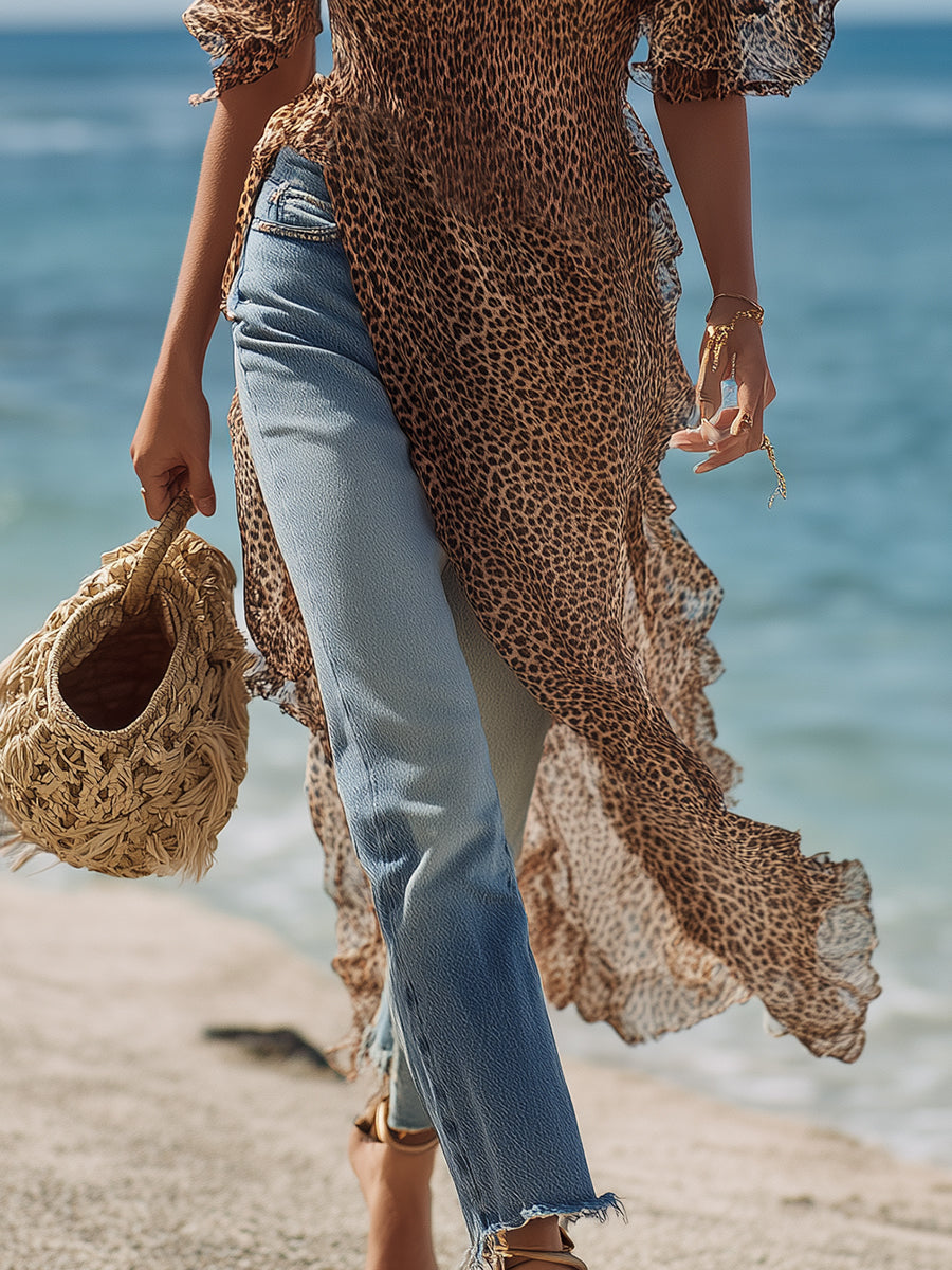 Bohemian Off-the-shoulder Leopard Print Chiffon Top And Jeans Set