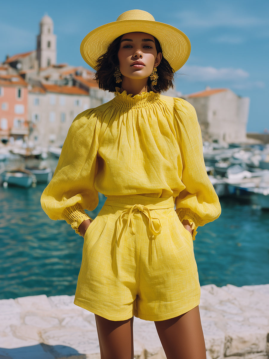 Romantic Bohemian Yellow Cotton Linen Top And Shorts Set