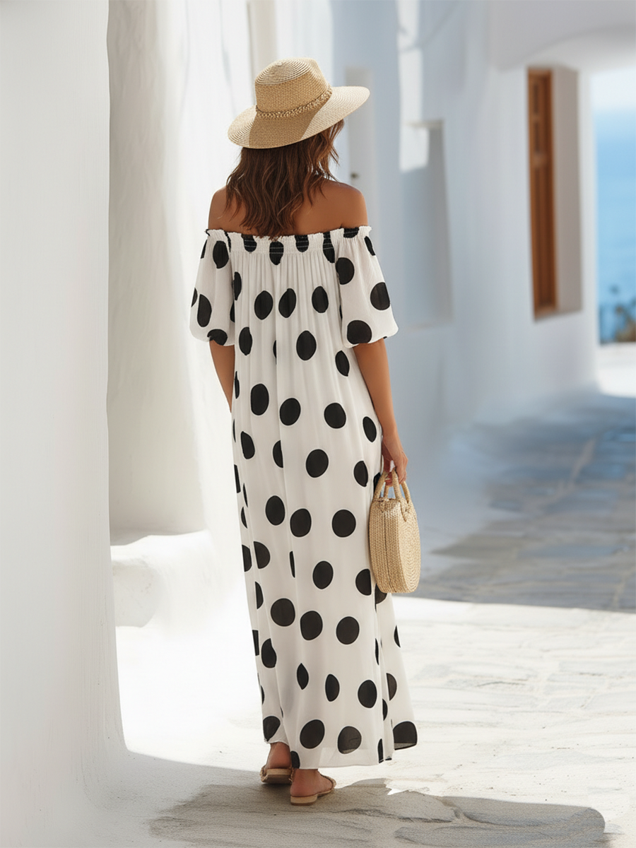 Resort-style Black And White Polka Dot Off-the-shoulder Maxi Dress