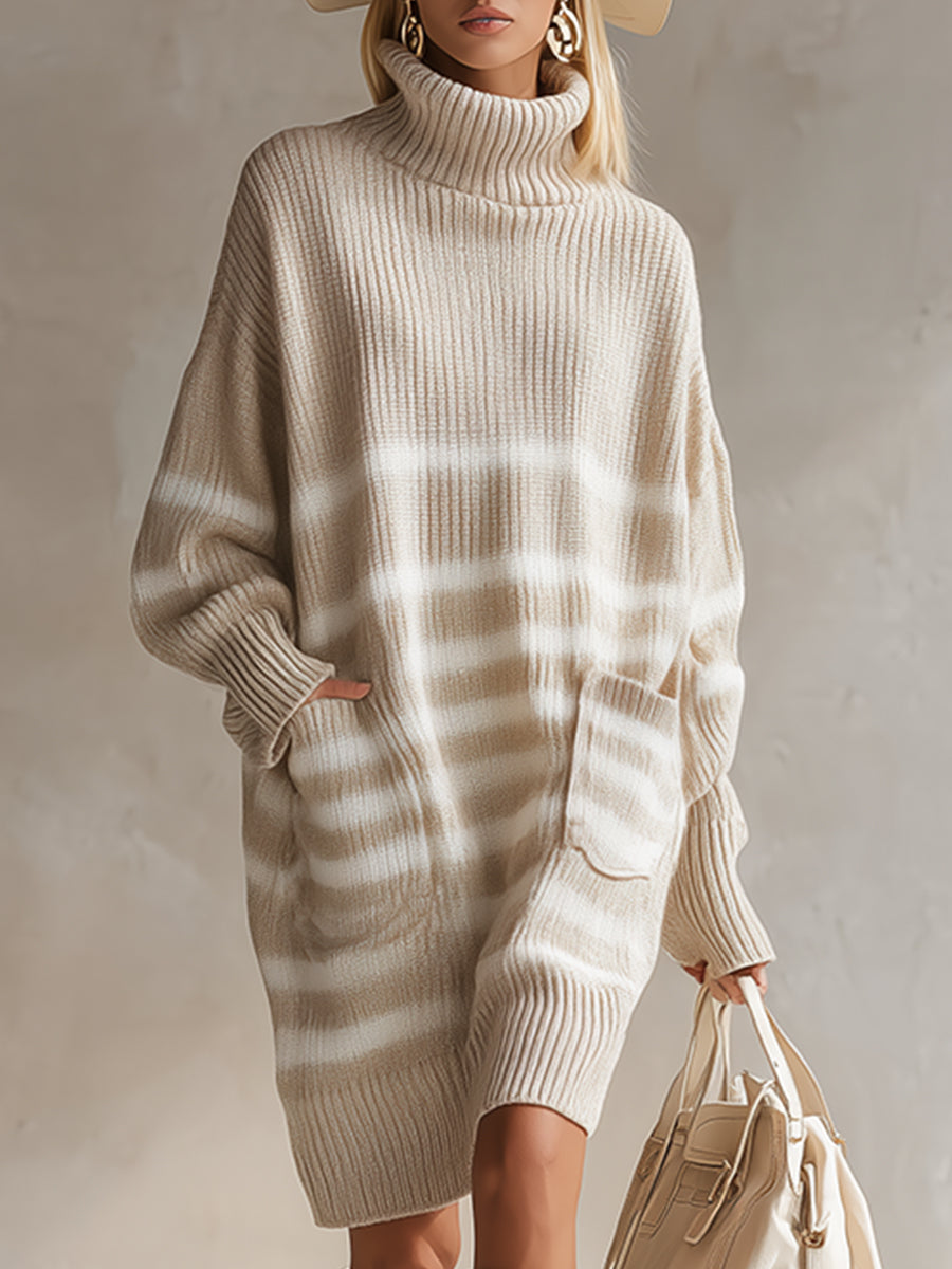 Casual Loose Turtleneck Apricot Striped Knit Mini Dress