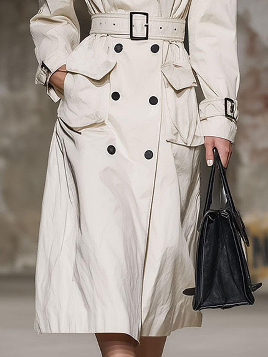 Classic And Fashionable Off-White Double-Breasted Trench Coat