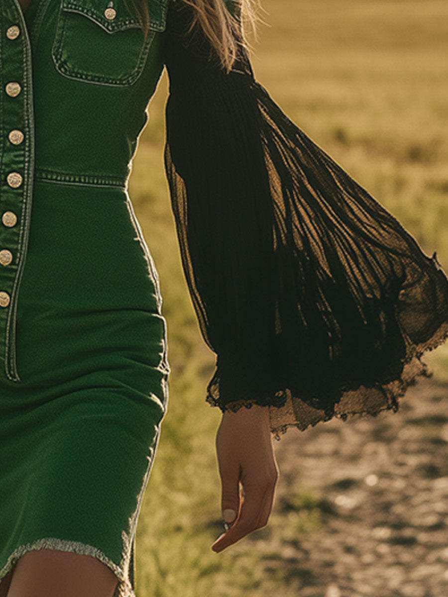 Vintage Green Denim Mesh Flared Long Sleeve Raw Edge Mini Dress