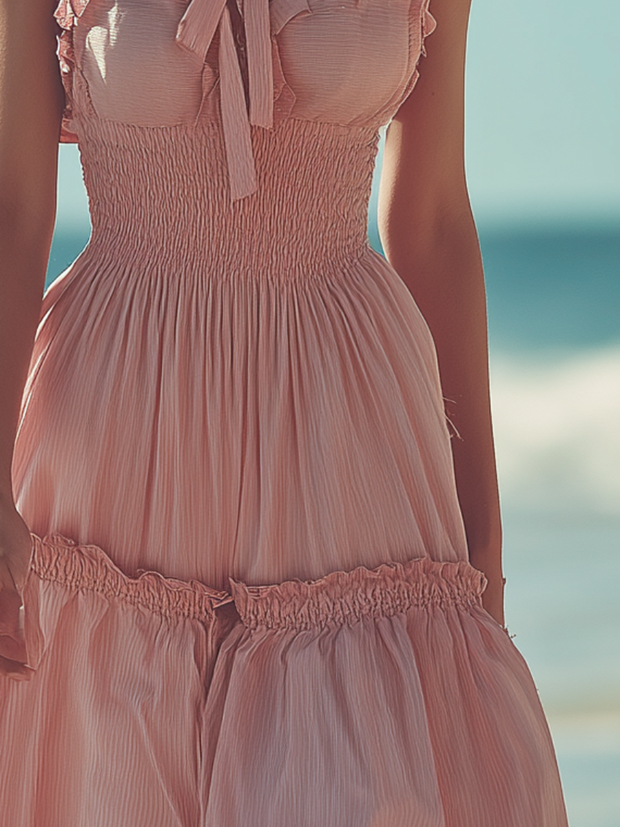 Beach Resort Style Halter-neck Sleeveless Pink Cotton Maxi Dress