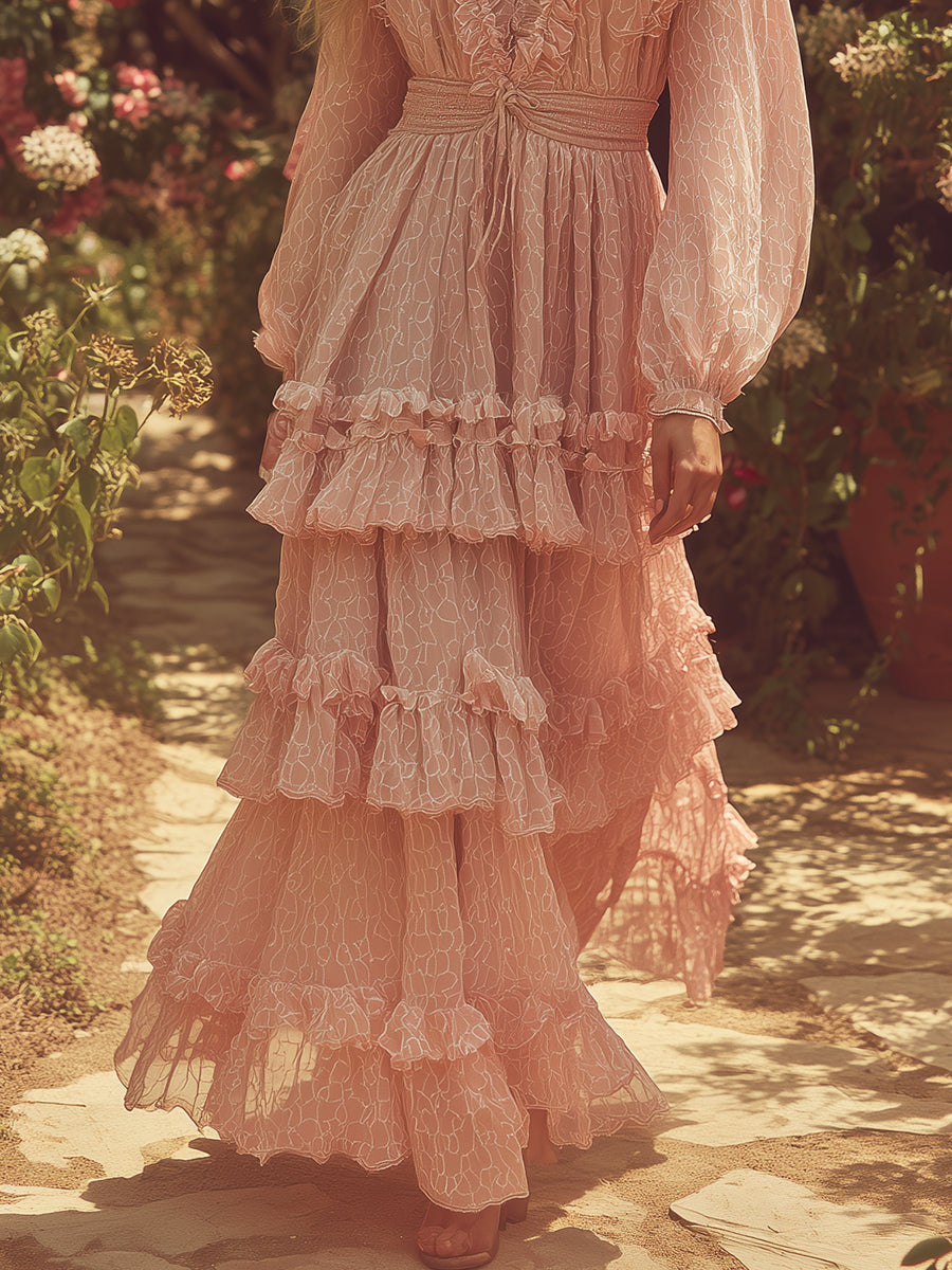 Romantic Pastoral Pink V-neck Multi-layered Ruffle Maxi Dress