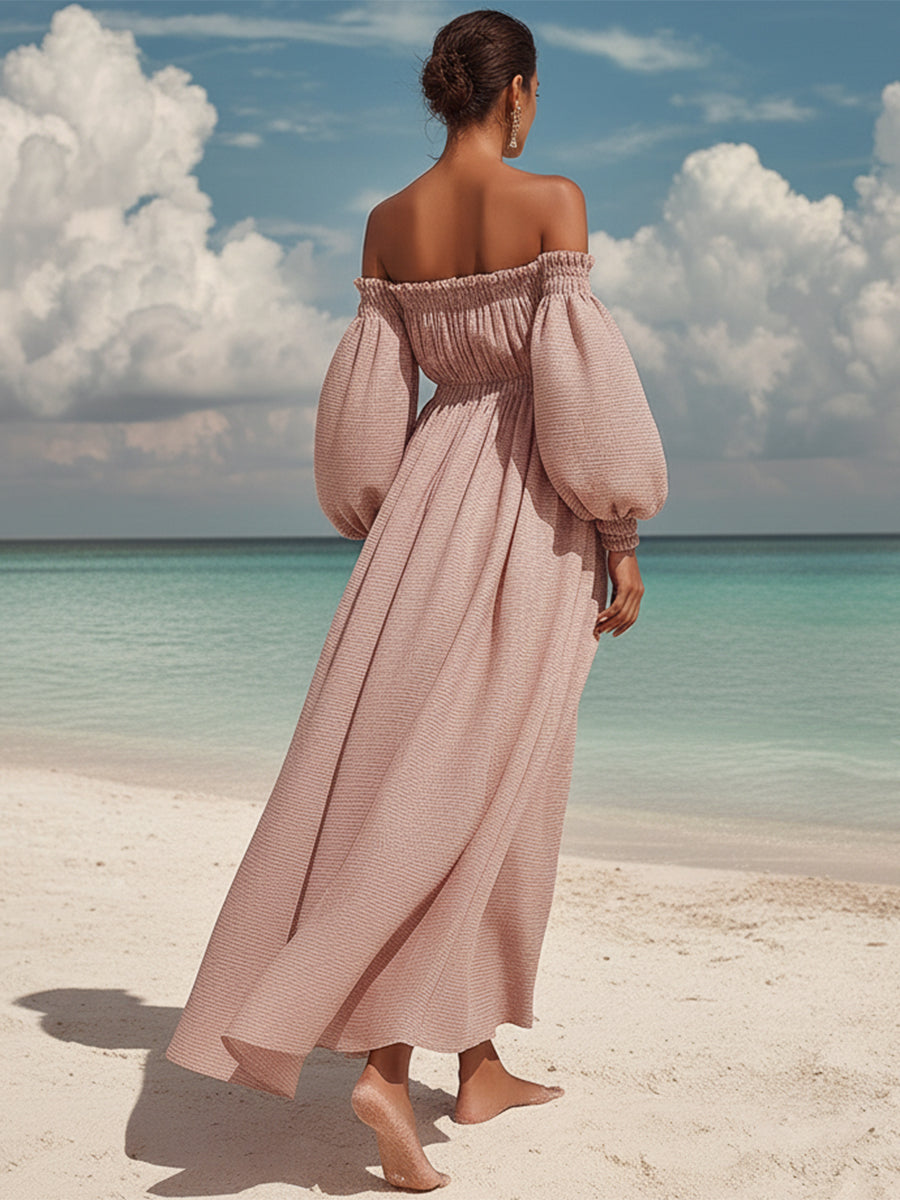 French Romantic Dusty Rose Pink Off-shoulder Puff Sleeve Midi Dress