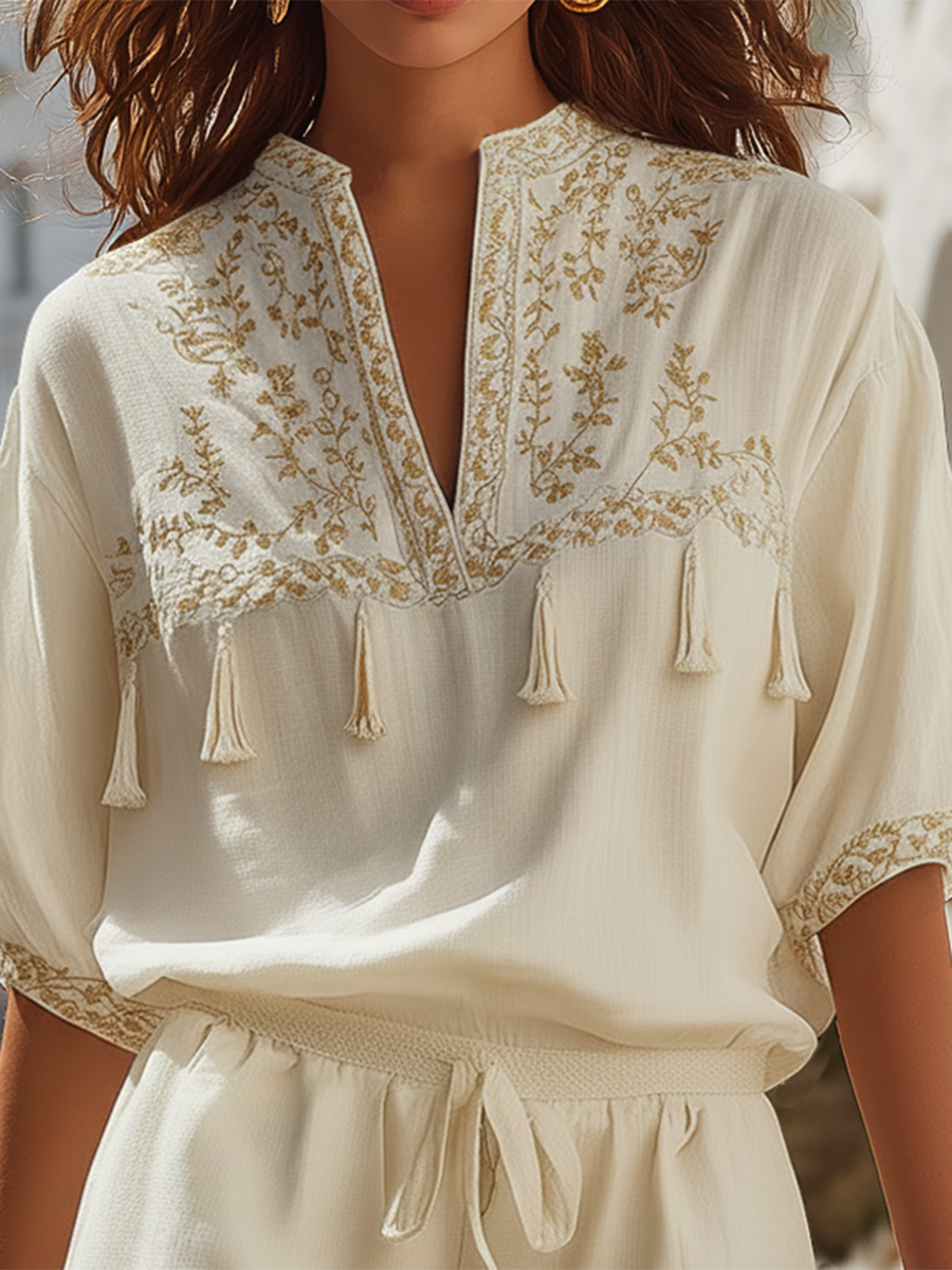 Bohemian Style Tassel Embroidered Short-sleeved Top And Shorts Set