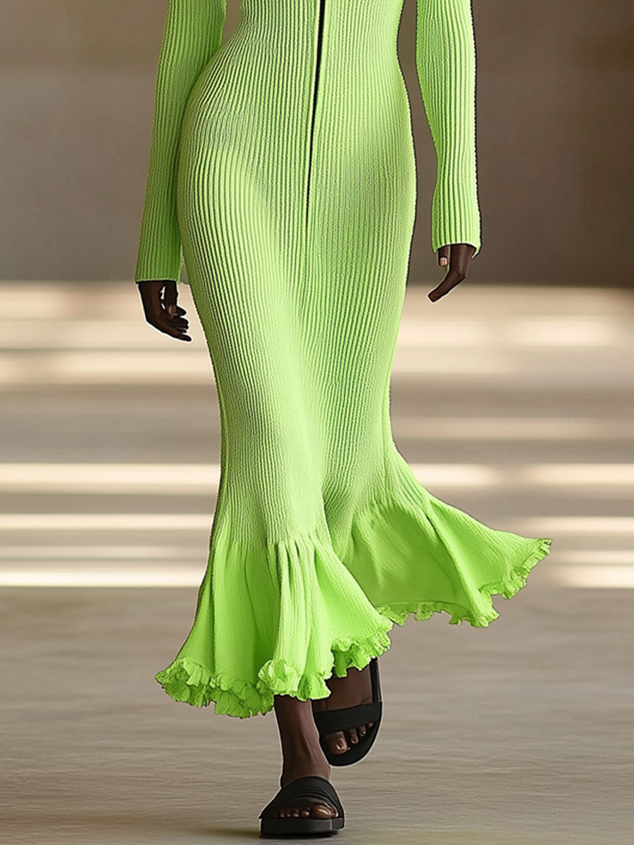 Fashionable Fluorescent Green Knitted Hooded Long-Sleeved Fishtail Maxi Dress