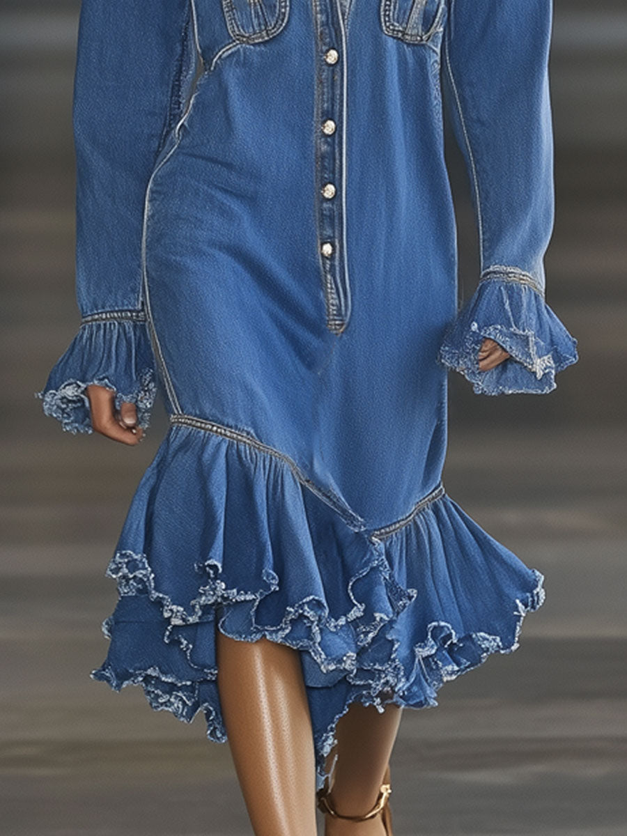 Vintage Blue Denim Long Sleeve Ruffle Raw Edge Midi Dress