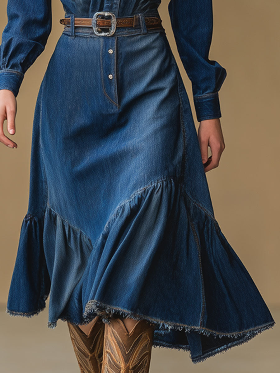Vintage Lace-Up Blue Denim Long Sleeve Ruffled Shirt-Style Midi Dress