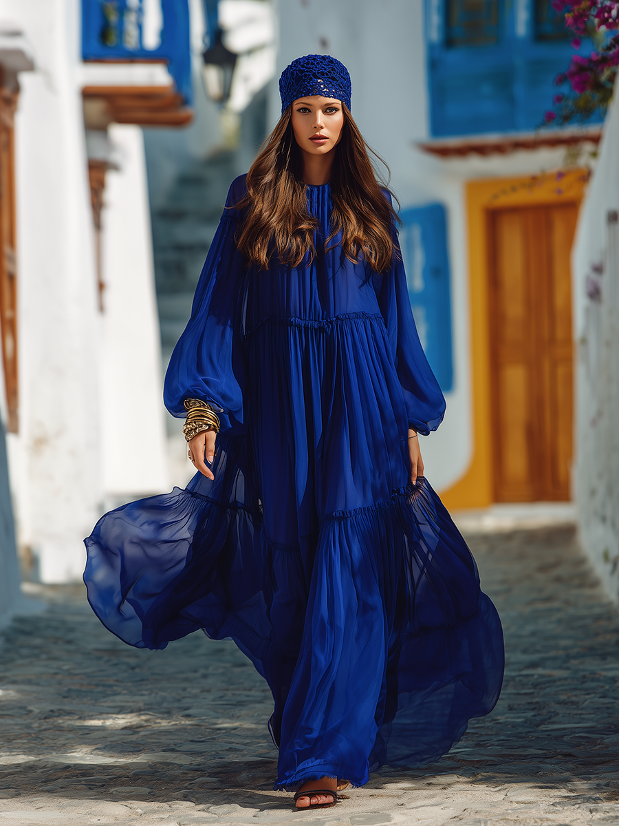 Elegant Bohemian Royal Blue Chiffon Round Neck Maxi Dress