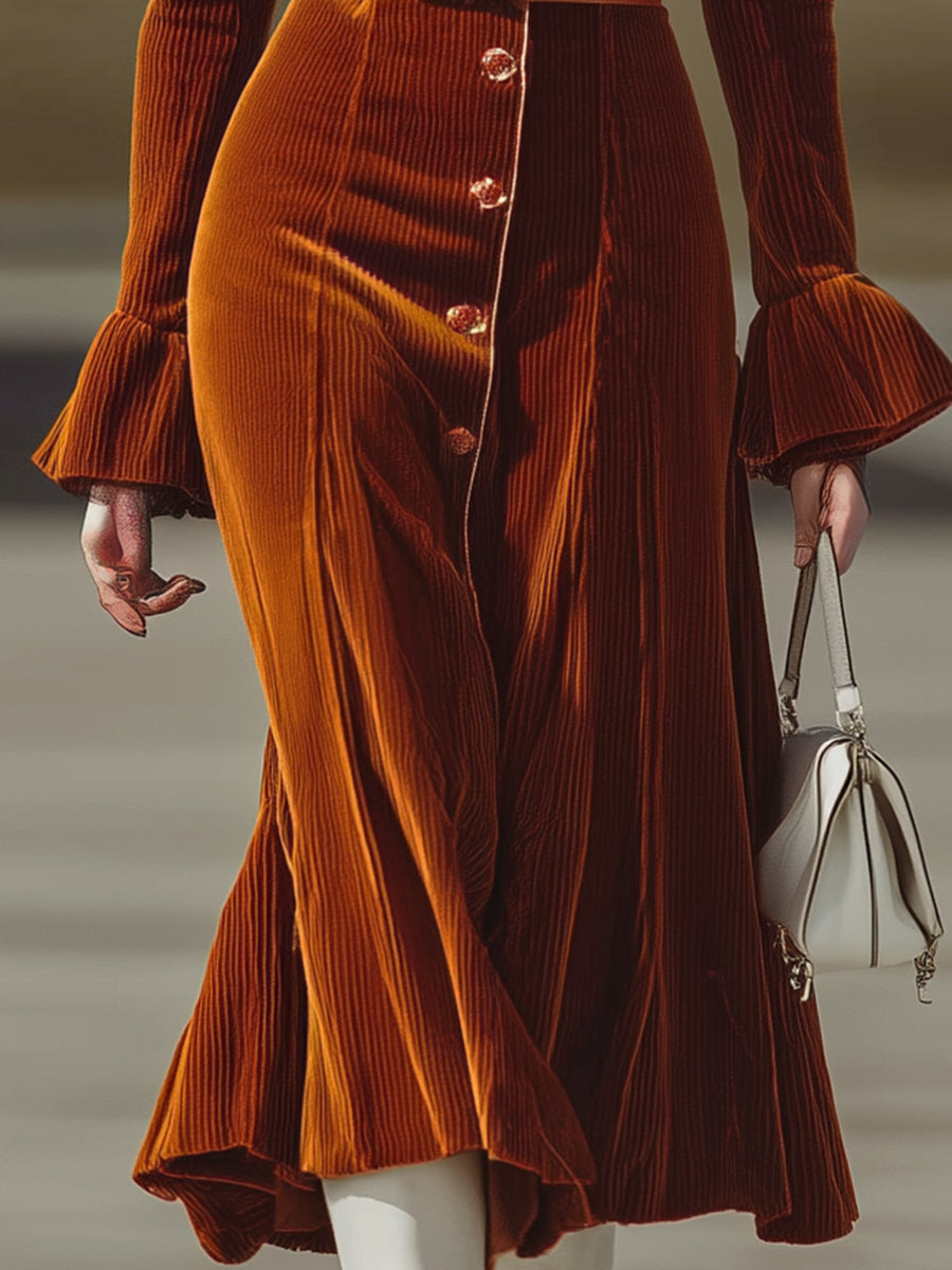 Fashionable Orange Corduroy Button-down Flared Maxi Dress