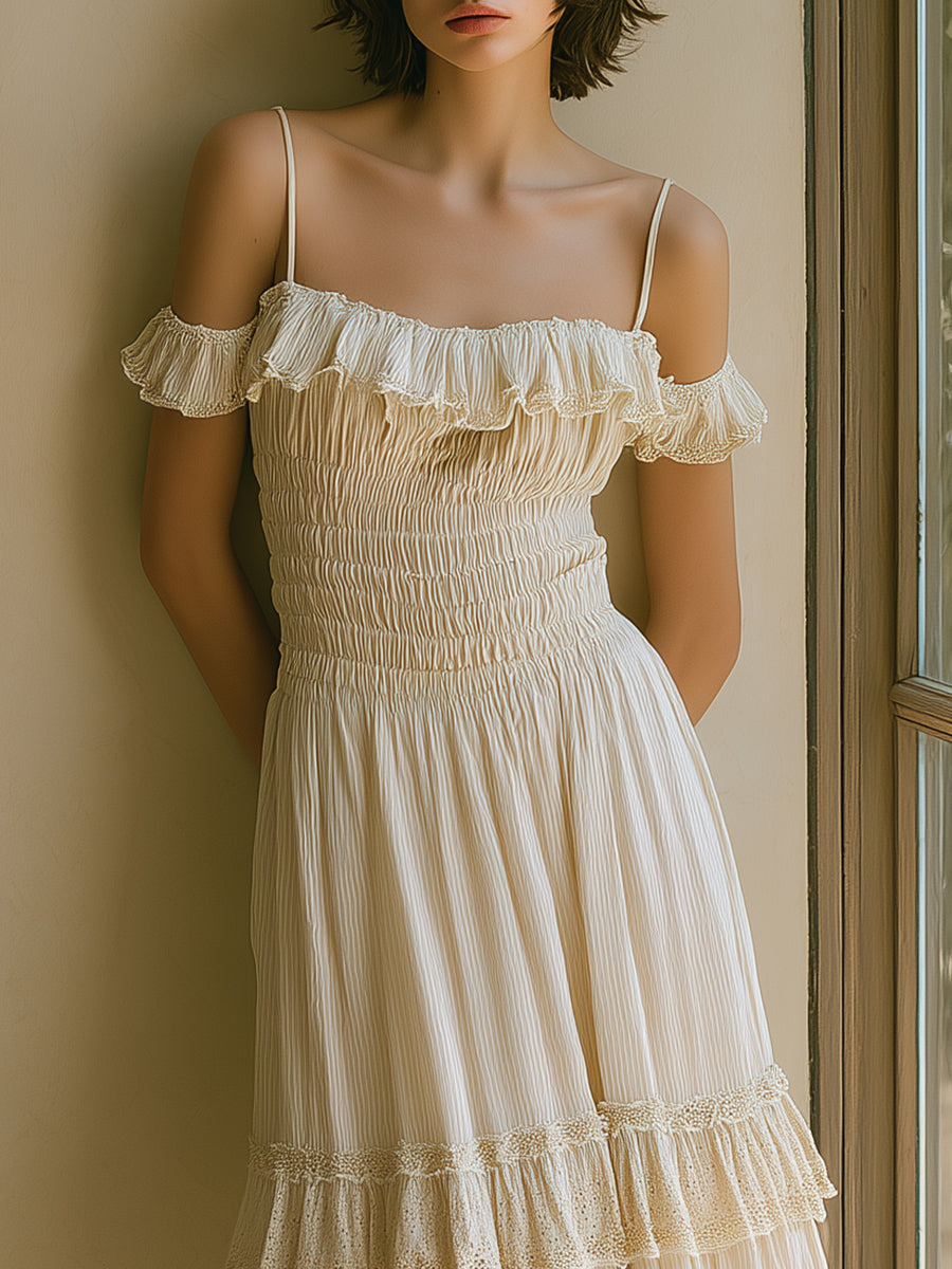 French Romantic Beige Off-the-shoulder Ruffled Lace Midi Dress