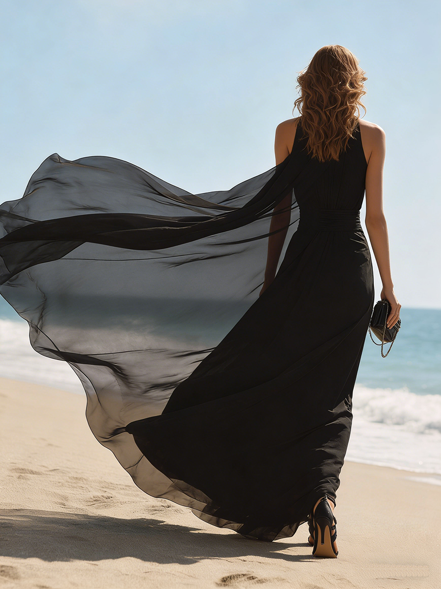 Vacation-style Black Chiffon Sleeveless Maxi Dress