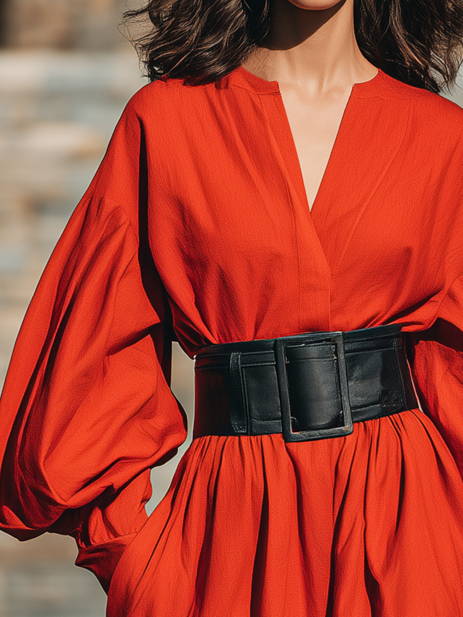 Cotton Resort-style Red Long-sleeved Midi Dress