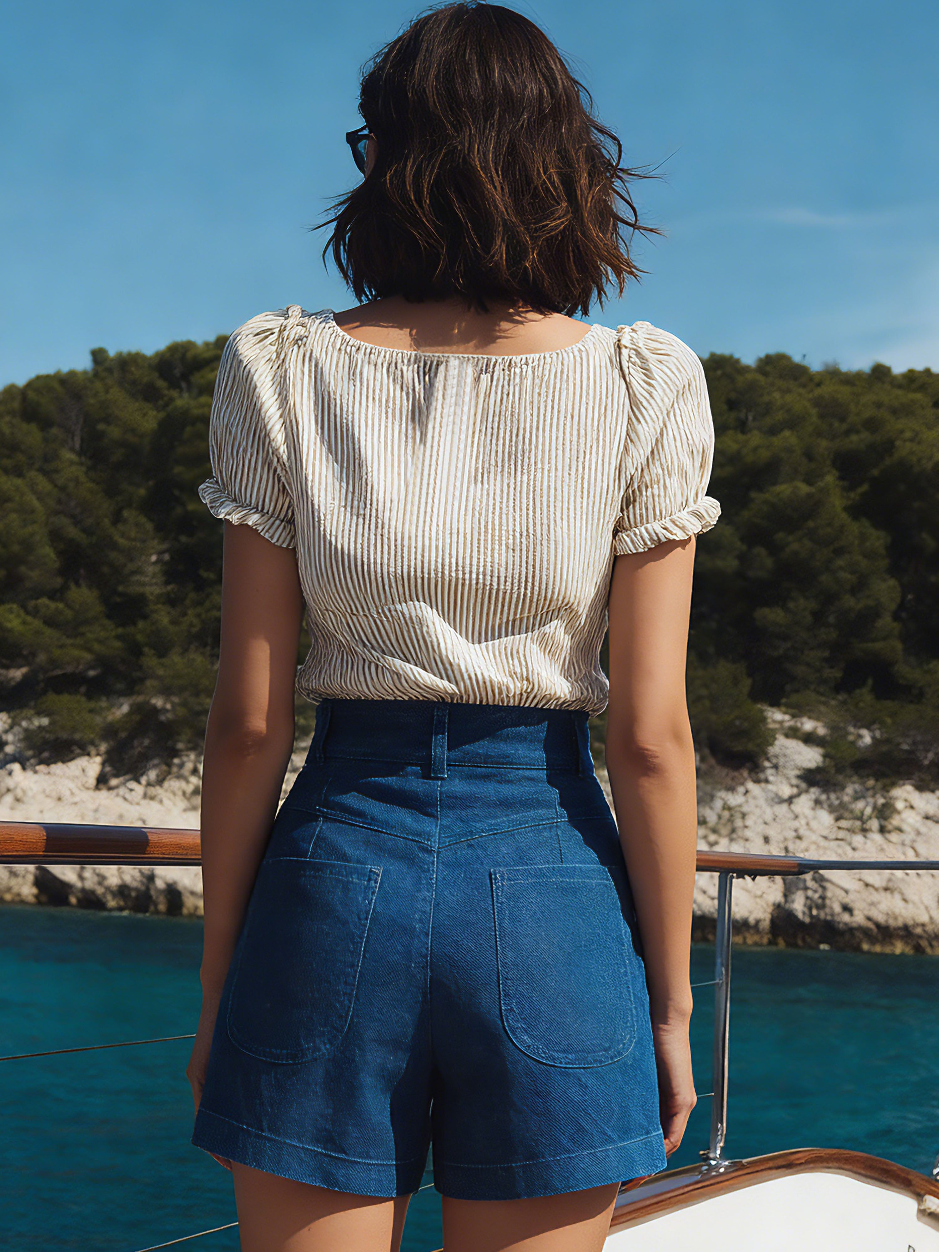 Vacation-Style Blue Denim With Gold Buttons Shorts