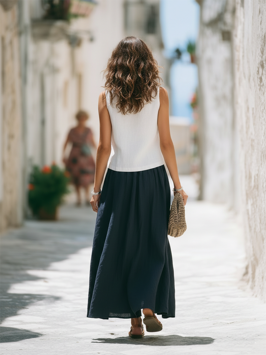 Vacation-style V-neck Cotton And Linen Embroidered Top And Skirt Set