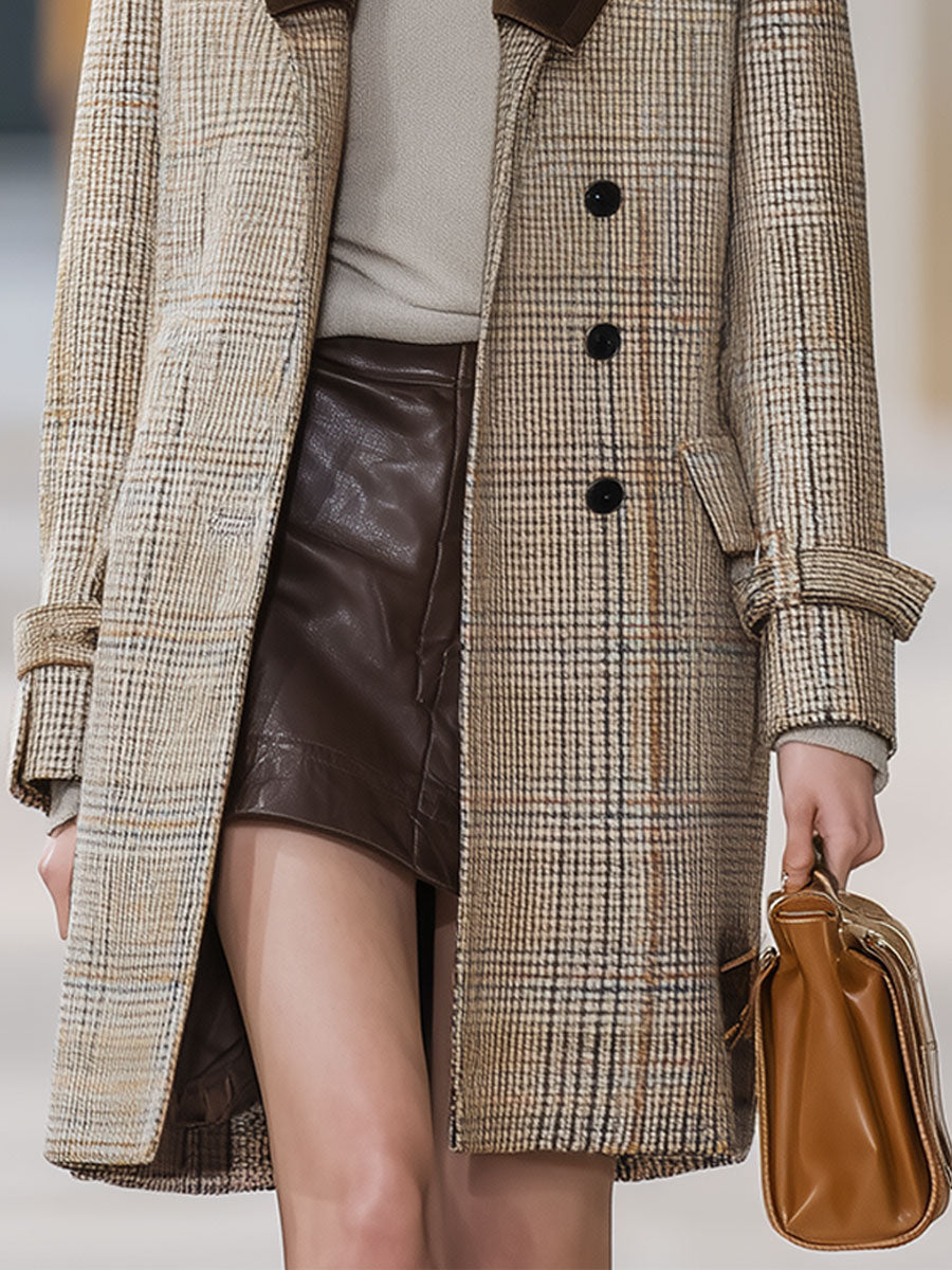 Casual Loose Retro Plaid Wool Patchwork Buttoned Mid-Length Coat
