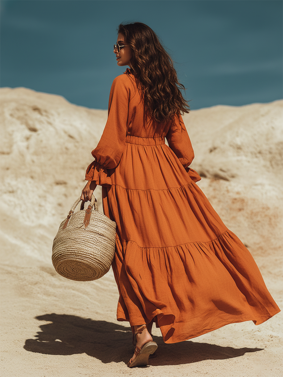Bohemian V-neck Ruffled Pumpkin-colored Cotton-linen Maxi Dress