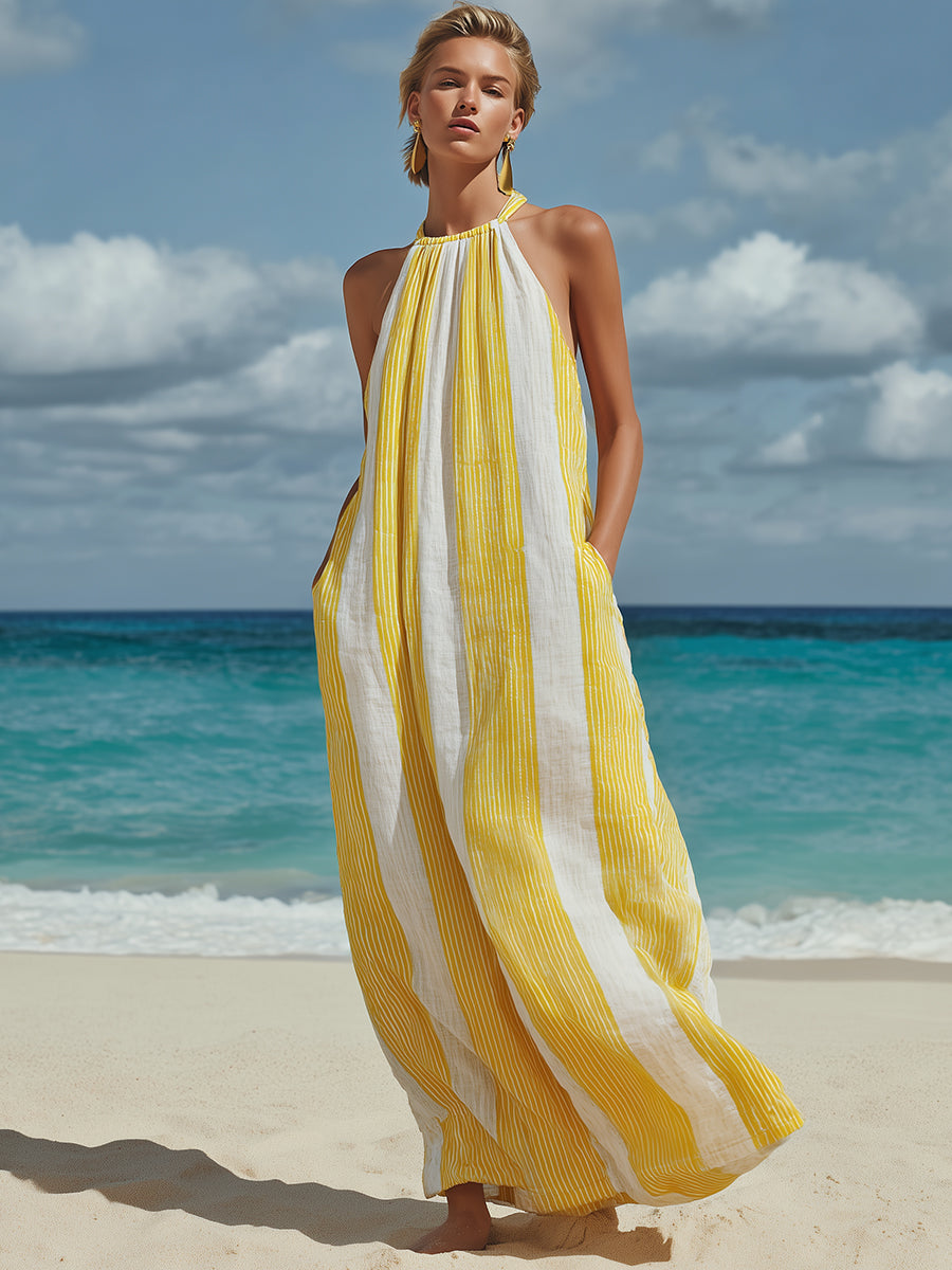 Lazy Vacation Yellow And White Striped Cotton And Linen Loose Halter Neck Sleeveless Maxi Dress