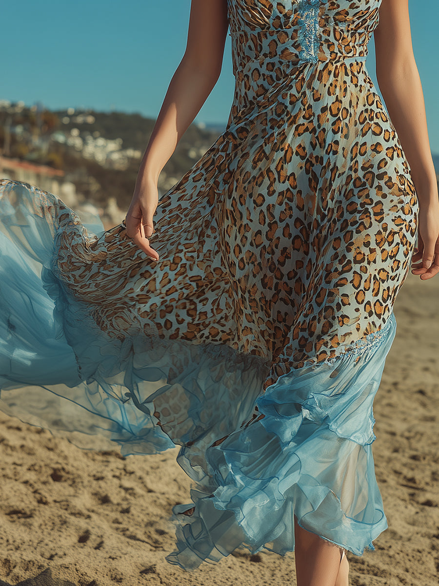A Unique Resort-style Leopard Print Chiffon Patchwork Blue Chiffon Ruffled Midi Dress