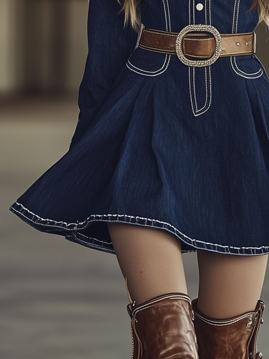 Vintage White Topstitched Dark Blue Denim Long-Sleeved Mini Dress