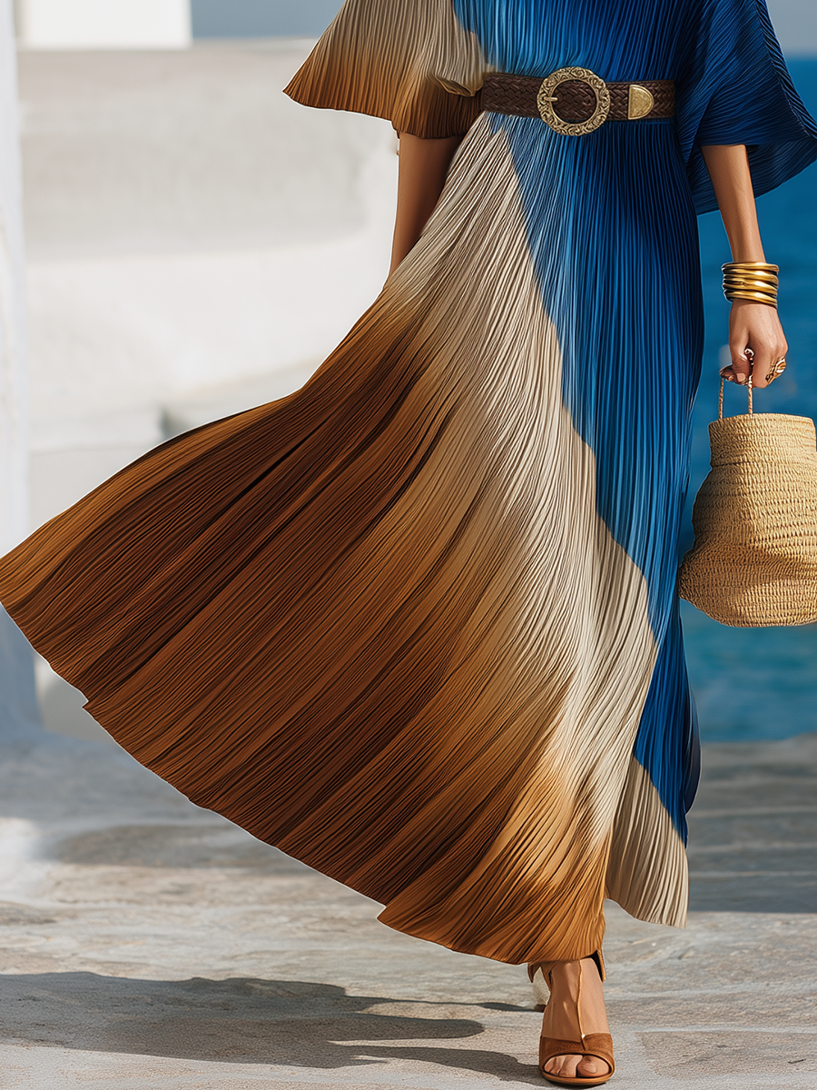 Stylish Vacation-inspired Printed Satin Short-sleeved Pleated Maxi Dress