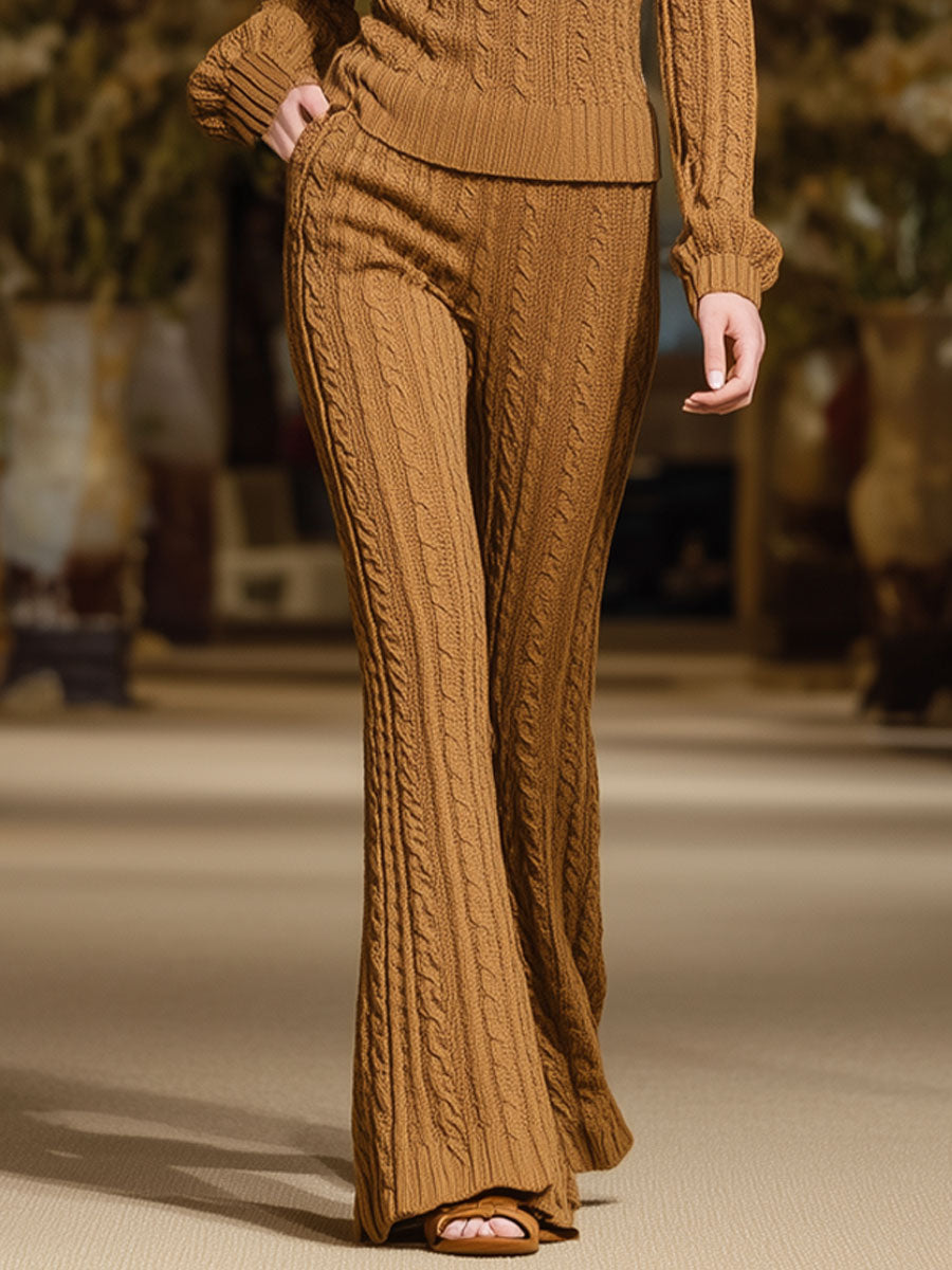 Retro Fashion Camel Knitted Cable Pullover Flared Pants Set