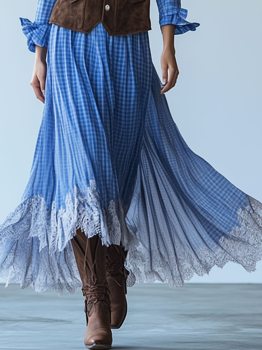 Casual Vintage Blue Plaid Lace Trim Long Sleeve Maxi Dress