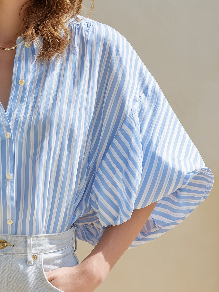 Resort-style Blue And White Striped Short-sleeved Shirt
