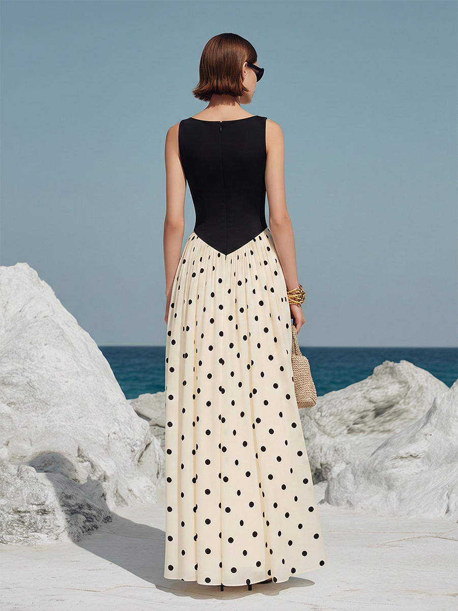 Elegant Vacation-style Black And White Polka Dot Sleeveless Maxi Dress