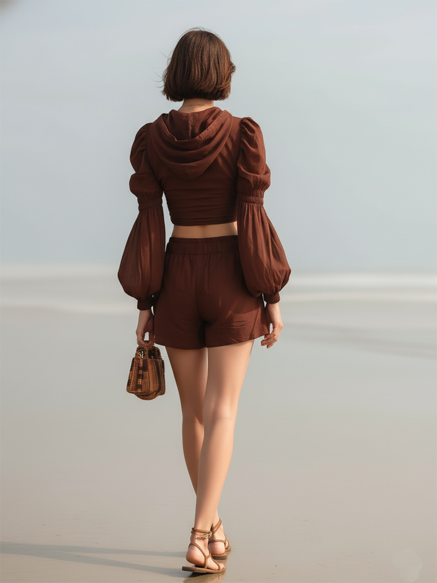 Vacation-style Chiffon V-neck Long-sleeved Top And Shorts Set