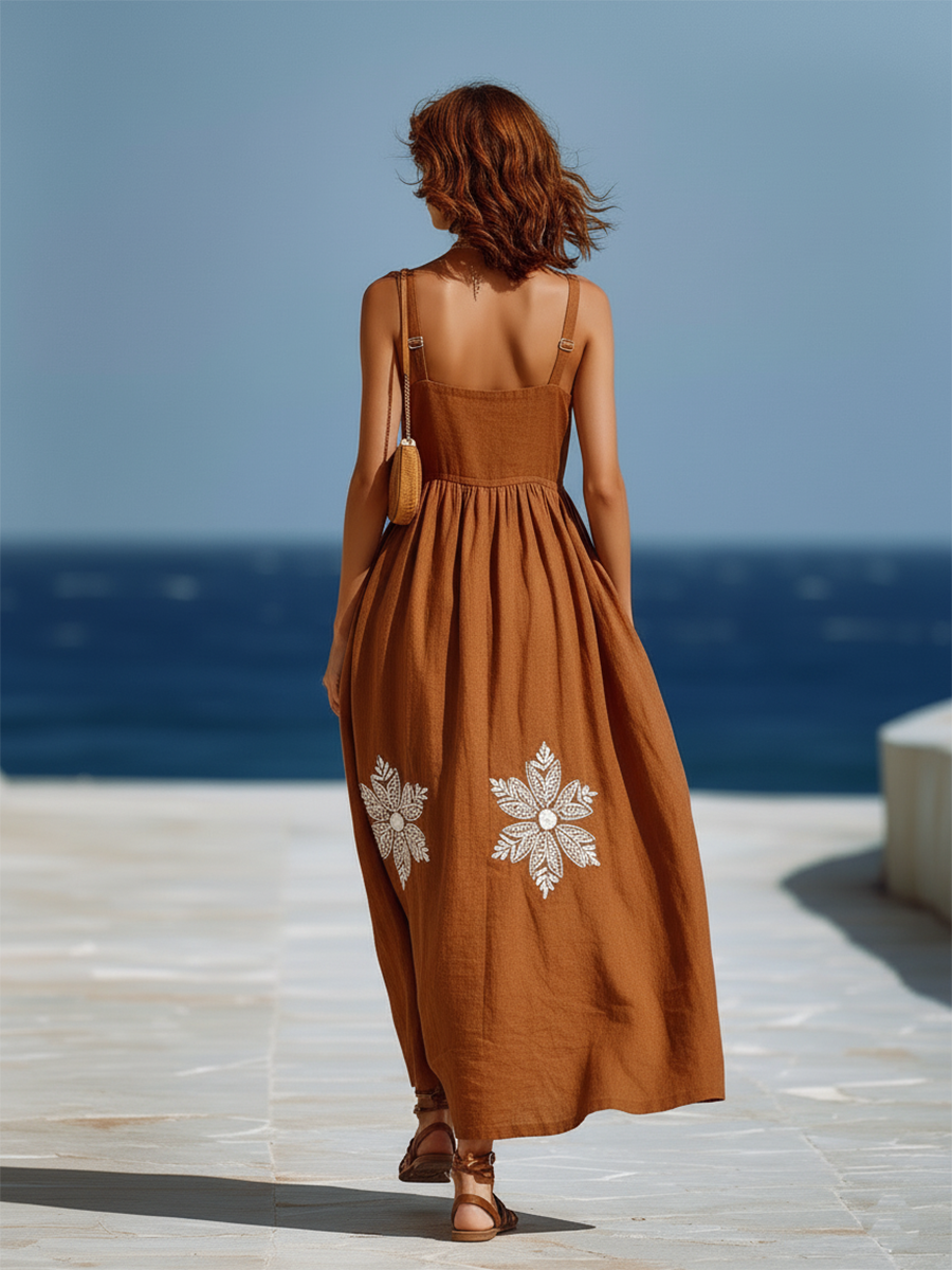 Bohemian Style Brown Strappy Embroidered Maxi Dress