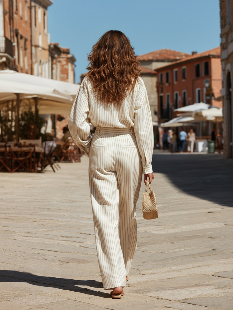 Vacation-style Cotton Striped Shirt And Trousers Set