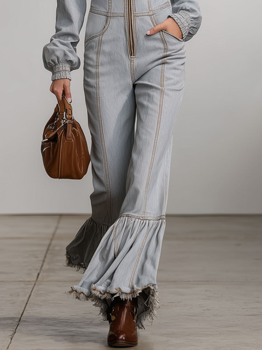 Western Retro Hooded Gray Denim Flared Raw-Edge Long-Sleeved Jumpsuit
