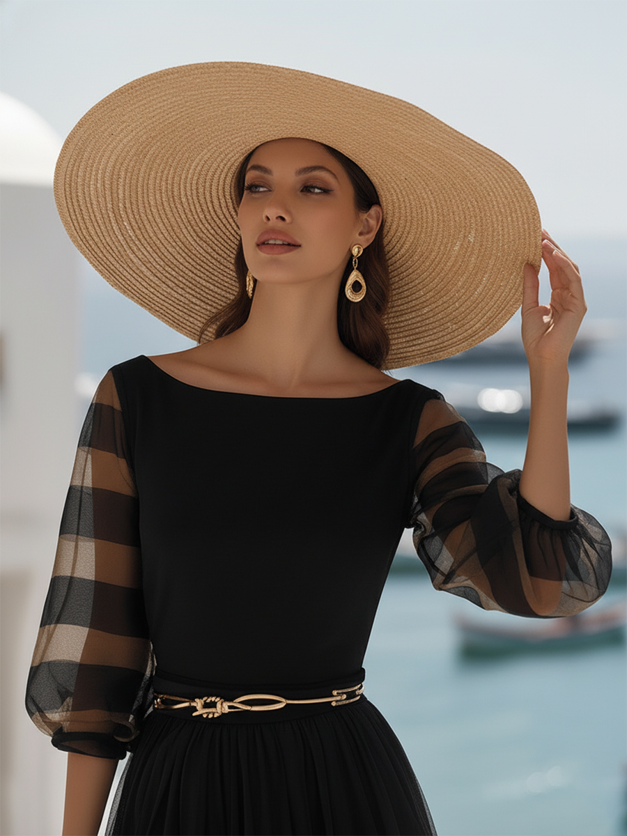 Elegant And Luxurious Black Sheer Boat-neck Short-sleeved Maxi Dress