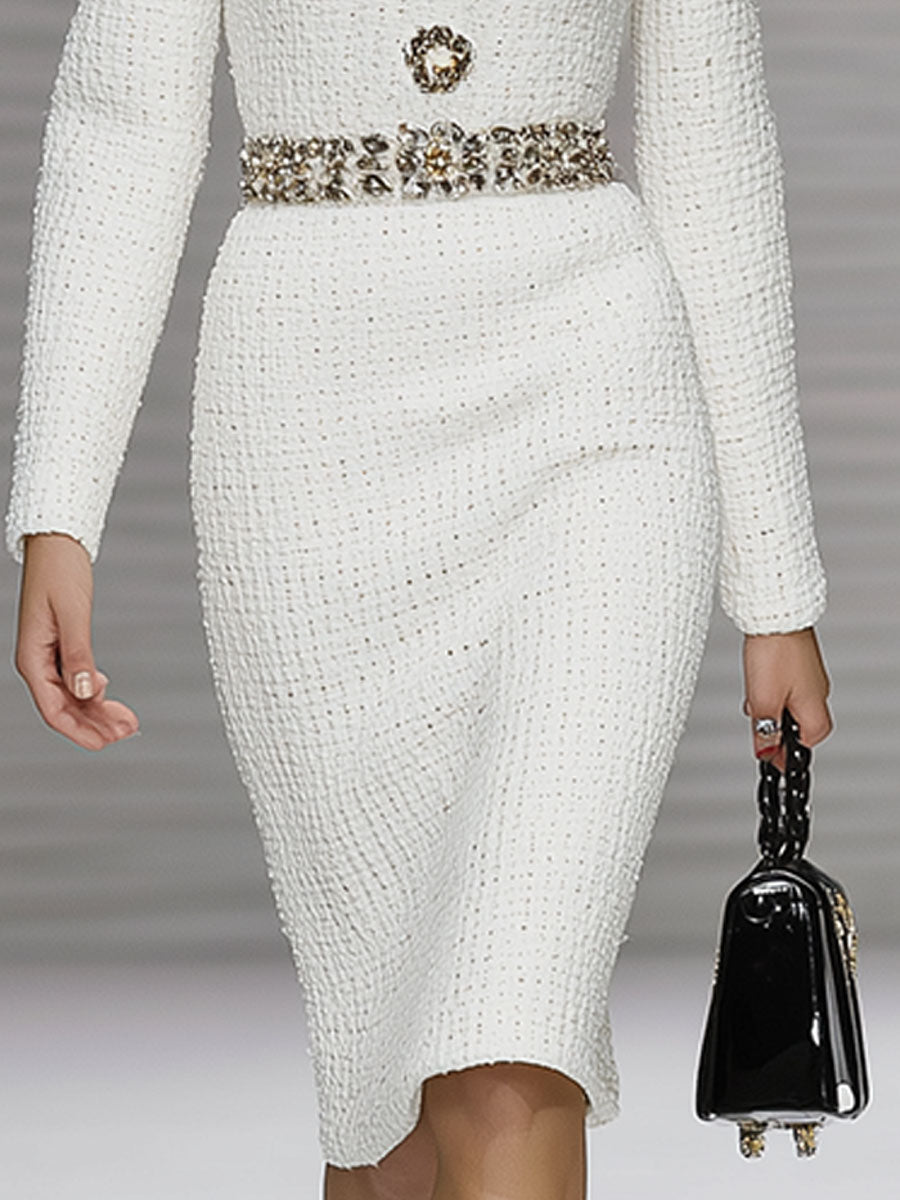 Stylish And Elegant White Tweed Midi Dress