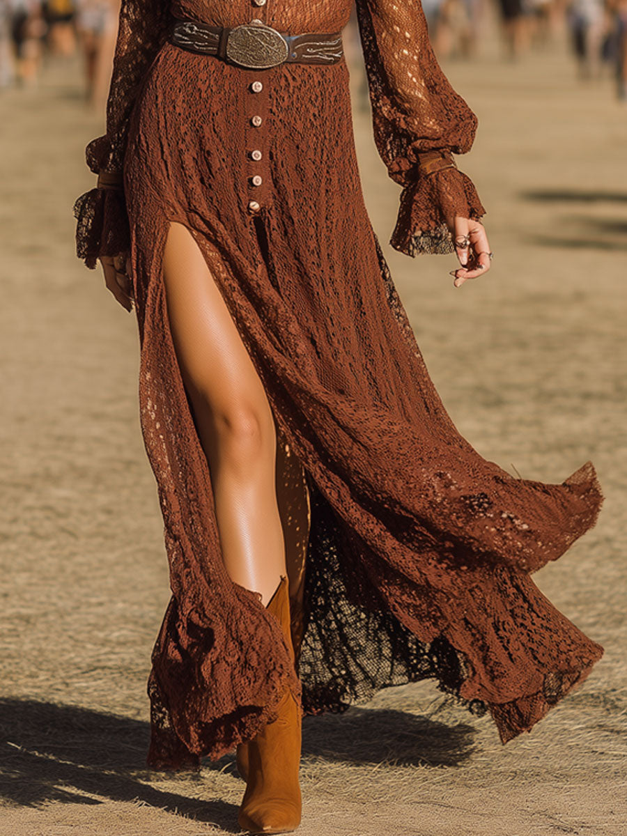 Retro Elegant Caramel Lace Long Sleeve Slit Maxi Dress