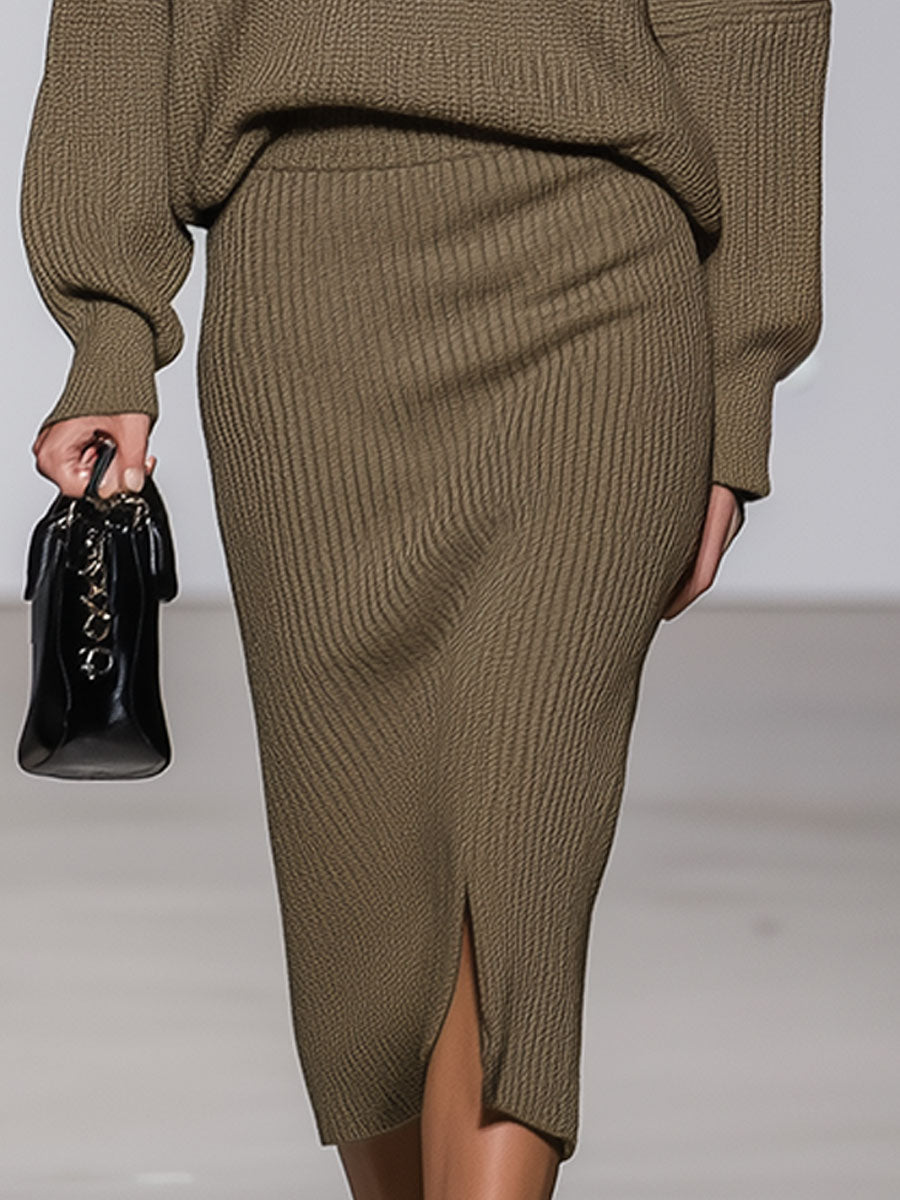 Retro Fashion V-Neck Khaki Sweater Knitted Suit
