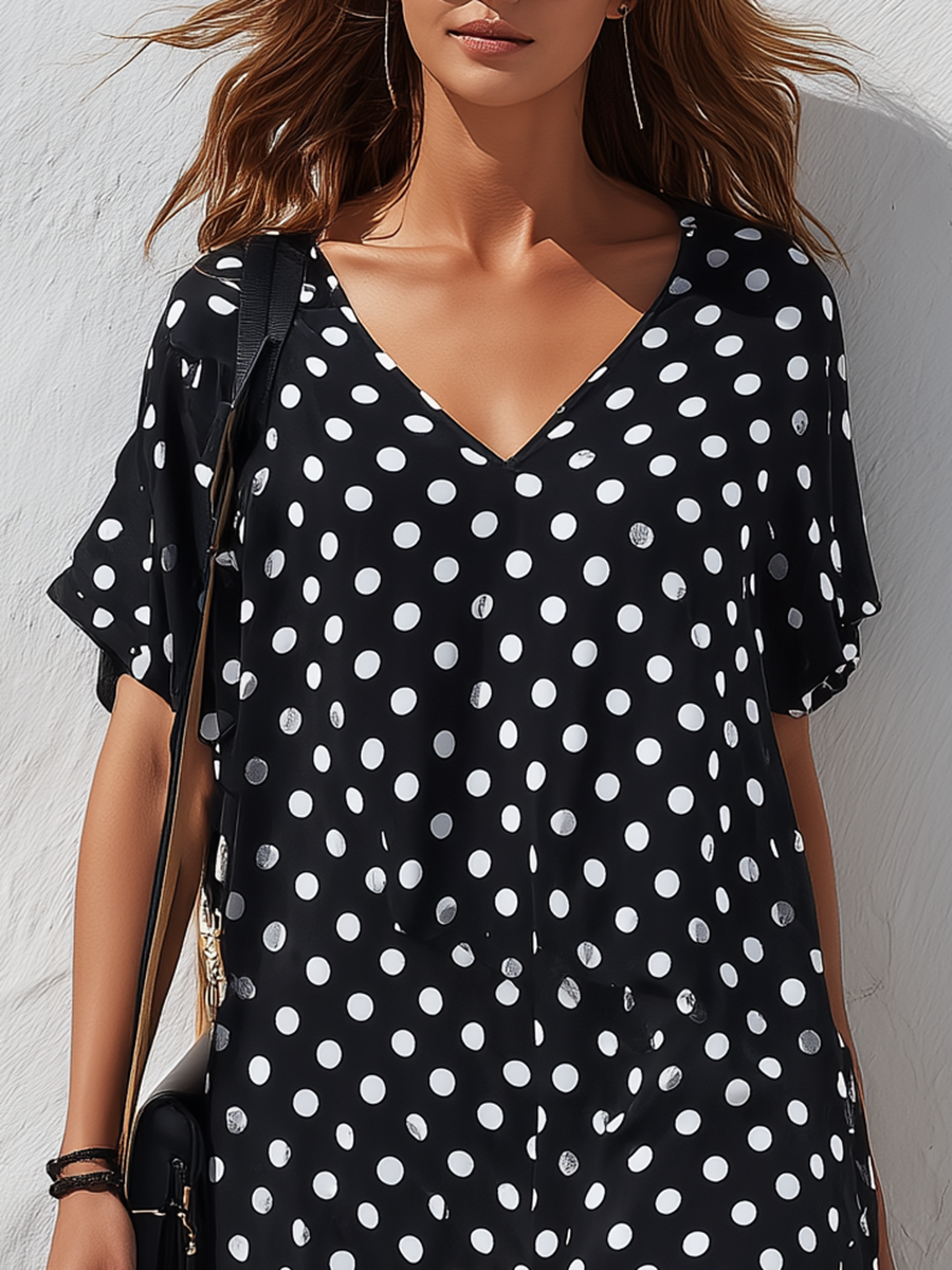 Resort-style Black And White Polka Dot V-neck Short-sleeved Maxi Dress