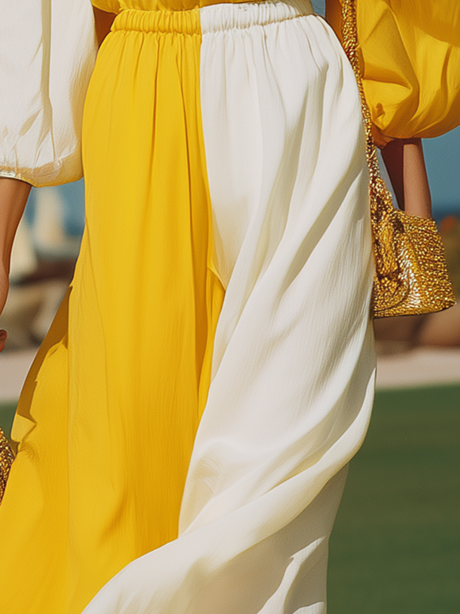 Vacation-style Chiffon Color-block Long-sleeved Maxi Dress