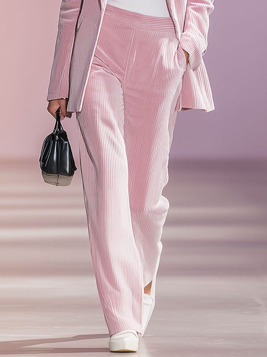 Retro Fashion Pink Lapel Corduroy Suit Jacket And Wide-Leg Pants Two-Piece Set